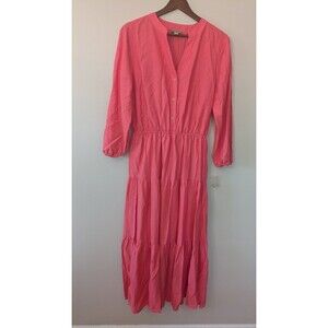 Falls Creek Maxi Dress Tiered Linen Button Cottagecore Prairie Western Pink S